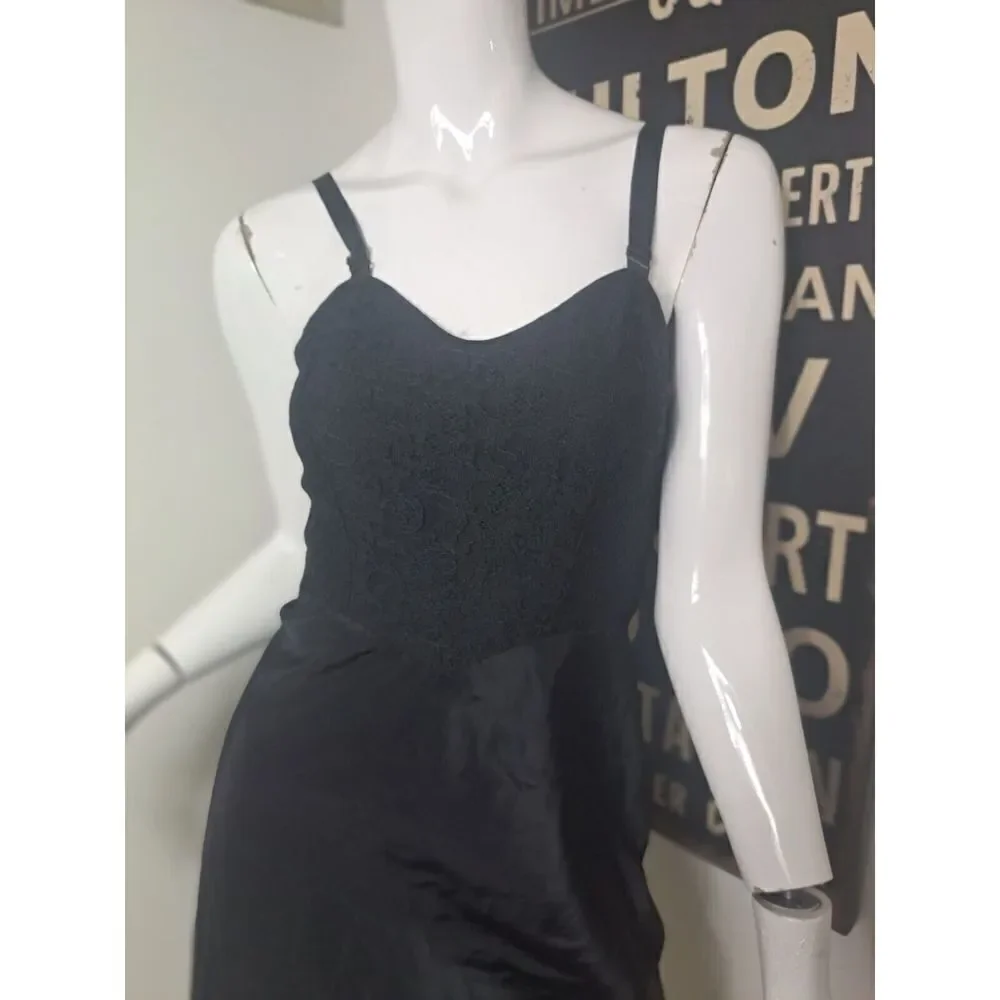 BARBIZON Full Slip Dress Black Vintage Taffeta Lace  Saucy Tafredda ‎ Zip Size 9
